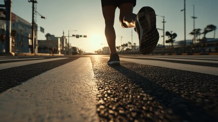 A Runner in Motion on Urban Street at Sunrise with Warm Light Behind Creating Strong Shadows and Vibrant Atmosphere