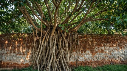 Fototapeta premium Wild banyans grow in gaps in walls, also called figs. Banyans are native plants