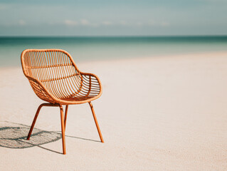 Fototapeta premium A solitary wicker chair sits on a sandy beach, with calm waters in the background, evoking a sense of tranquility and relaxation.