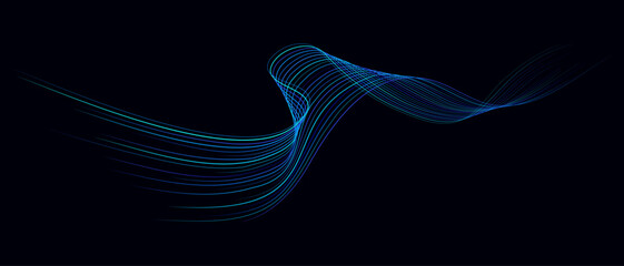 Fototapeta na wymiar Abstract background with flowing blue and green light wave on a dark backdrop. Futuristic technology concept.