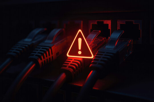 Red warning symbol over network cables connected to a server rack alert danger