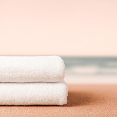 Two neatly stacked white towels on a sandy beach with a soft ocean backdrop, creating a serene and relaxing atmosphere.