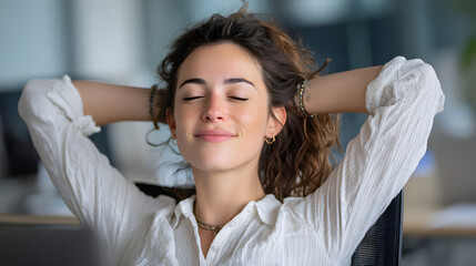 Successful Businesswoman Relaxing in Office Environment, Achieving Professional Goals and Inner Peace