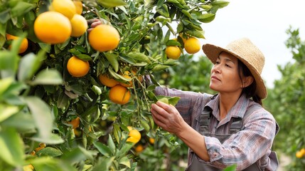 A farmer carefully harvests ripe oranges from a lush citrus grove, showcasing the dedication and hard work involved in agriculture, embodying a vibrant connection to nature and foo