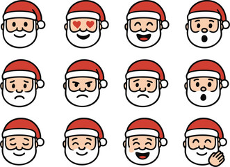 emoji icon sets of Santa Claus in a 2D flat line art style with solid colors (no gradients).