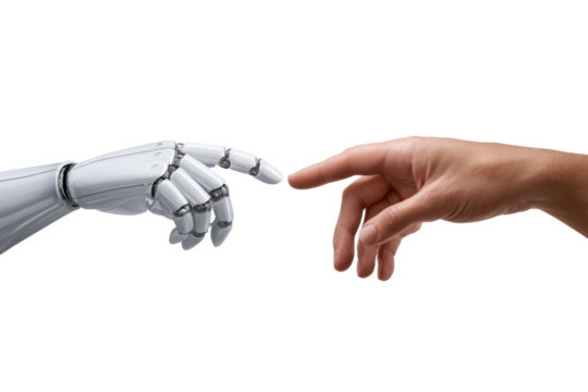 Robotic hand and human finger touching on black background image, Png, Isolated on Transparent Background, Cut Out