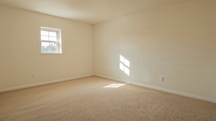 Fototapeta premium Light ivory-toned bedroom with carpet and small window.
