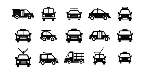 Collection of black and white silhouette icons representing various types of vehicles for transportation and logistics