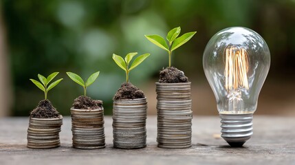 A visual representation of growth and innovation, featuring small plants growing from stacks of coins beside a lit lightbulb, symbolizing the connection between finance and sustain
