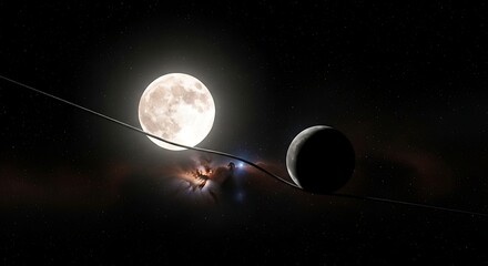 A celestial landscape features a full moon, a shadowed sphere, and a connecting wire over a nebula. Stars dot the black background