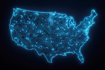 United States map outline with glowing blue digital circuit board pattern and connections America