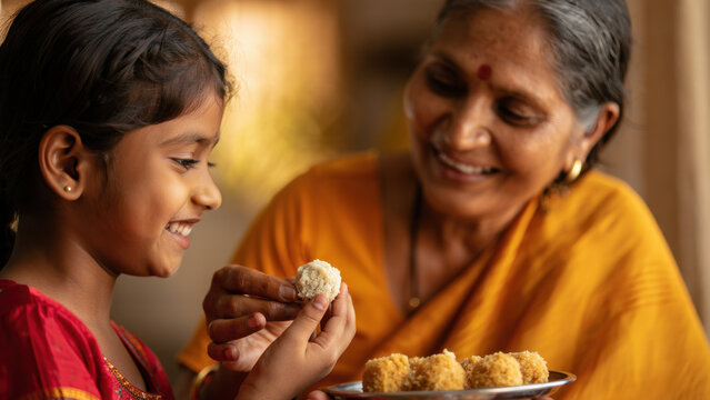 Indian grandmother sharing sweets with granddaughter, traditional family bonding, Indian cultural heritage, joyful expressions, generational connection, festive celebration, teaching Indian values