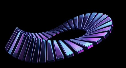 Glossy purple blue glass segments forming circular loop on black background, abstract 3D ring composition