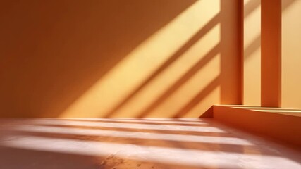 An empty minimalist room with warm orange walls and a light floor bathed in strong diagonal sunlight creating prominent shadows from architectural elements - Powered by Adobe