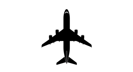 Silhouette of a commercial airplane flying from above isolated on transparent background