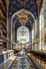 Obraz premium Opulent Dubai Restaurant Islamic Blue White Patterns Chandelier Arabic Design