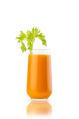 Bright orange vegetable pulpy juice with fresh celery sprig garnish in glass, isolated. Energy vitamin vegetarian cocktail for healthy fitness meny, diet programm, wholesome restaurant cuisine.