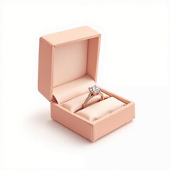 Diamond engagement ring in elegant pink box on white background  
