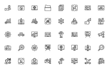 Business and Marketing icon set. Vector illustration Includes symbols for pric tag, target, social media statistics, rocket, digitl marketing, promotion, stategy and more. Editable sroke.