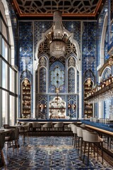 Obraz premium Opulent Dubai Restaurant Islamic Blue White Patterns Chandelier Arabic Design