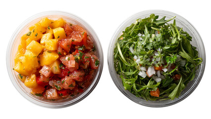 Fresh mango salsa and mixed green salad in clear containers showcasing vibrant colors and healthy ingredients isolated on transparent background