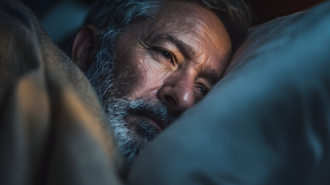 Senior man lying in bed with sleepless expression, deep in thought during nighttime in a dimly lit room