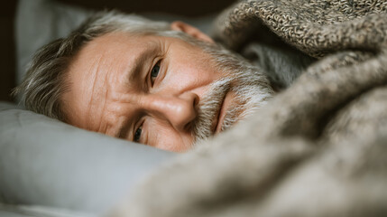 Senior Man in Bed Unable to Sleep, Capturing Restlessness and Thoughtfulness of Mature Life