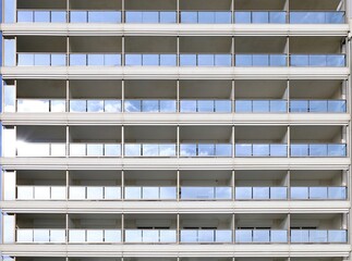 White apartment building facade with glass balconies and reflections. Background and texture. Full frame.