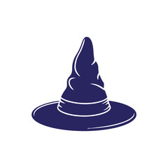 witch hat, icon, symbol, halloween, magic, wizard, sorcerer, costume, accessory, fantasy, illustration, graphic, design, simple, flat, blue, white background, isolated, pointed, conical, brimmed, spoo