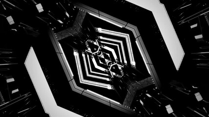 Seamless tunnel video loop showcasing dynamic patterns in a futuristic black and white environment