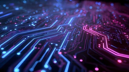 Circuit Board Tech: A mesmerizing display of a circuit board, illuminated with vibrant hues of neon blue and pink.