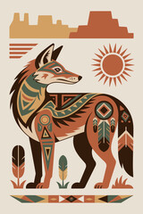Aztec Coyote Illustration, Flat Design Style