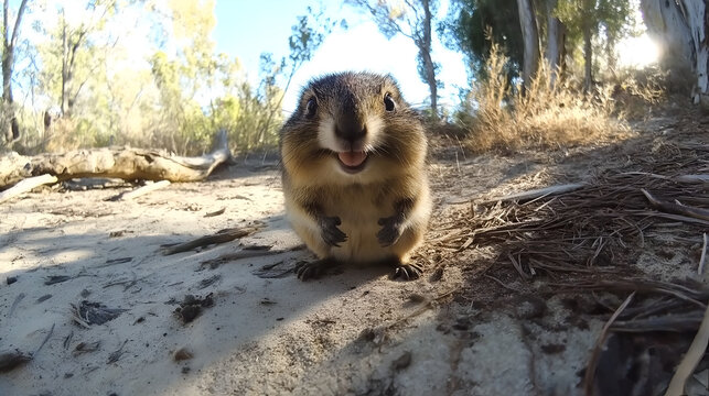 Adorable quokka with a cheerful expression standing on sandy ground under natural sunlight.