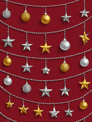 Elegant red Christmas composition with golden baubles and pine leaves, perfect for holiday greeting cards or festive posters