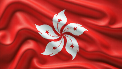 Waving regional flag of the Hong Kong Special Administrative Region, featuring the white five-petal orchid flower on red