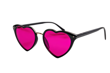 Black framed heart shaped sunglasses with bright pink lenses on black background image, Png, Isolated on Transparent Background, Cut Out