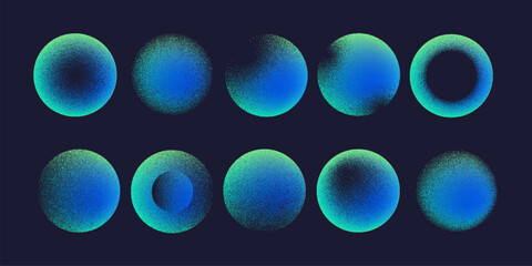 Abstract gradient circles with photocopy grain effect. Futuristic planets and cosmic shapes in blue and green colors. Modern space vector illustration for poster and design