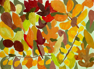 colorful leaves assortment. children watercolor painting in warm autumnal colors
