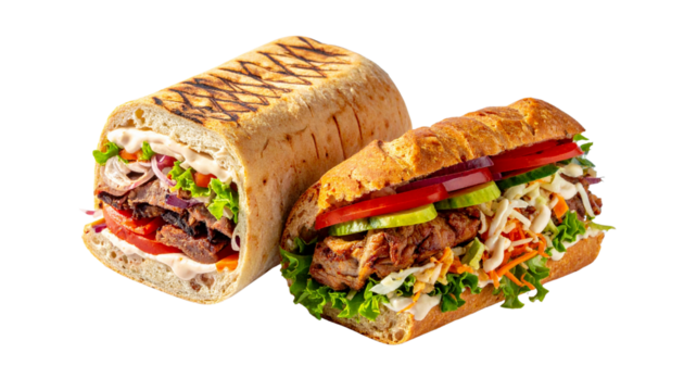 Fresh Doner Kebab Duo in One Frame with Lettuce, Tomato, and Onion Isolated on Transparent Background