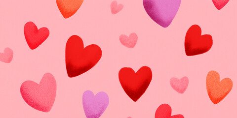Romantic heart background with red and pink hearts on pastel surface, soft hand-painted texture perfect for Valentine&rsquo;s Day cards, posters, and love-themed designs