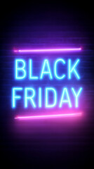 Obraz premium Black Friday neon sign glowing in blue and pink on dark background — vibrant night sale concept for modern advertising design