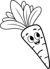 “Minimal Black and White Carrot Mascot Vector: Happy Smiling Vegetable Line Art for Kids, Food, and Health Design”