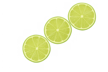 Three fresh lime slices showing juicy texture, vibrant green color, and refreshing citrus fruit details
