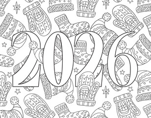 Hand drawn coloring page for kids and adults. Holiday greeting card Happy New Year 2026. Beautiful drawing with patterns and small details. Children and adult Colouring book pictures. Vector