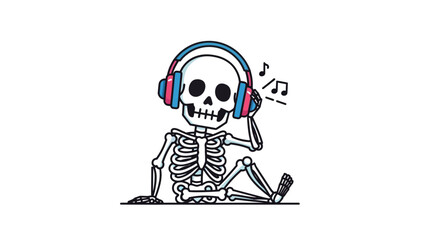 Fototapeta premium Cartoon Skeleton with Headphones Enjoying Music on a White Background Design
