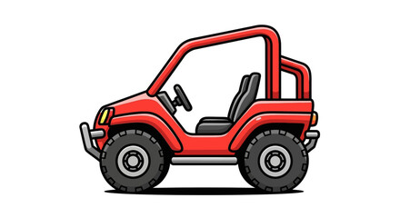 Cartoonish representation of an open-top off-road vehicle in vibrant red color on a white backdrop