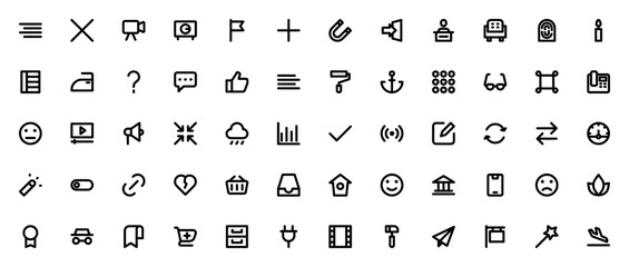 Basic UI icon set. Minimal outline vector icons collction. Includes symbols fo smartphone, wifi, edit, cat, login, shopping cart, ome, phone, emoticon and mre. Editable stroke.