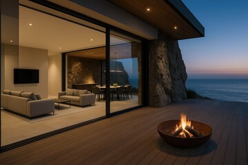 Coastal cliffside modern home with ocean view and outdoor fire pit, luxury retreat, architectural digest, coastal living