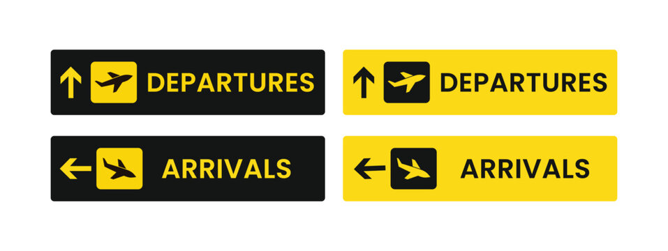 Airport sign vector with arrivals, departures, baggage claim, and transfer directions, information board signs for airport navigation, check-in and travel guidance panel