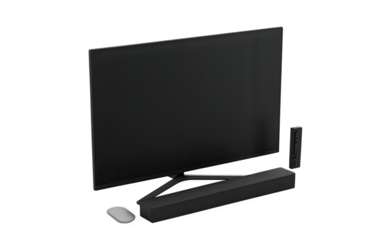 Modern Smart TV Entertainment Hub, Blank Screen Display Technology, Soundbar Audio System Setup, Wireless Mouse Digital Interface Device, Remote Control Media Navigation Tool, Home Cinema Black Imges